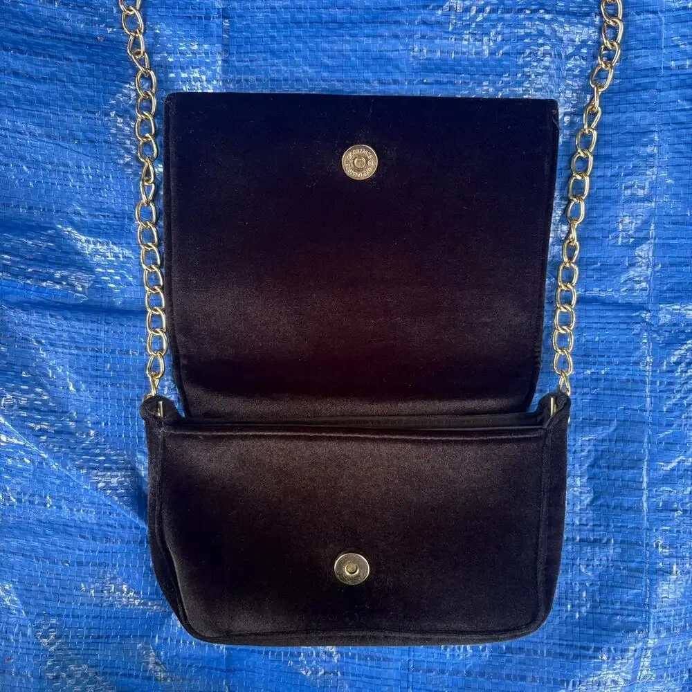 Velvet Black Gold Bee Embroidered Bag with Gold Chain Boohoo